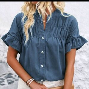 Shein Blue Ruffle Sleeve Button-Up Top Size XL